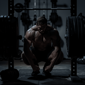 A man crunching between weighs